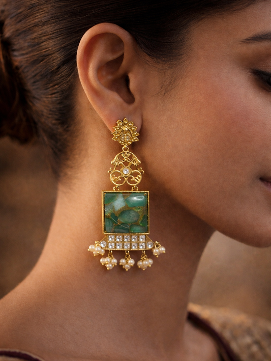 Rajeshwari (Green) Copper Based Ethnic Earrings