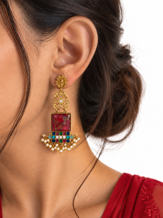Rajeshwari (Deep Red) Copper Based Ethnic Earrings