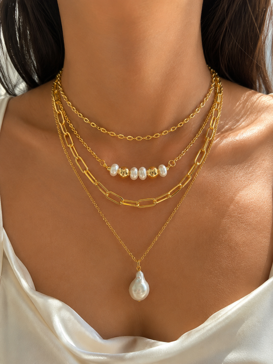 Fresh Water Pearl Luna Luxe 4 Layered Necklace | Anti Tarnish Gold Plated