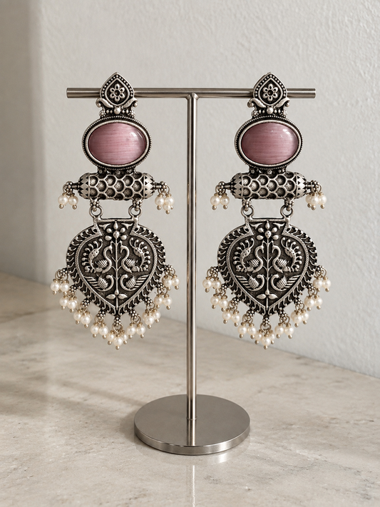 Ivara Jhumka | Silver Ethni Earrings (Pink)