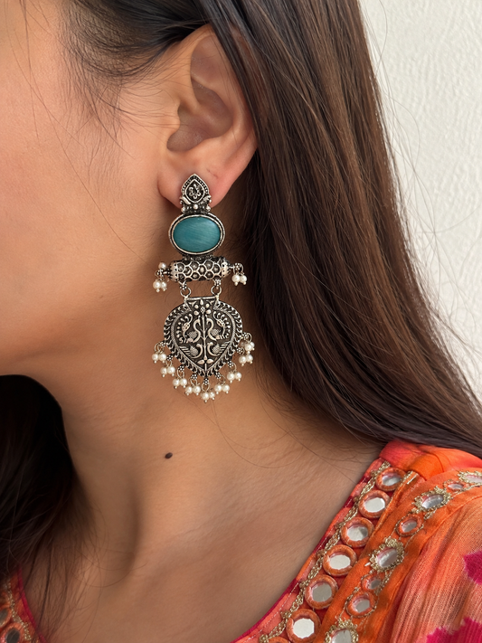 Ivara Jhumka | Silver Ethnic Earrings (Blue)