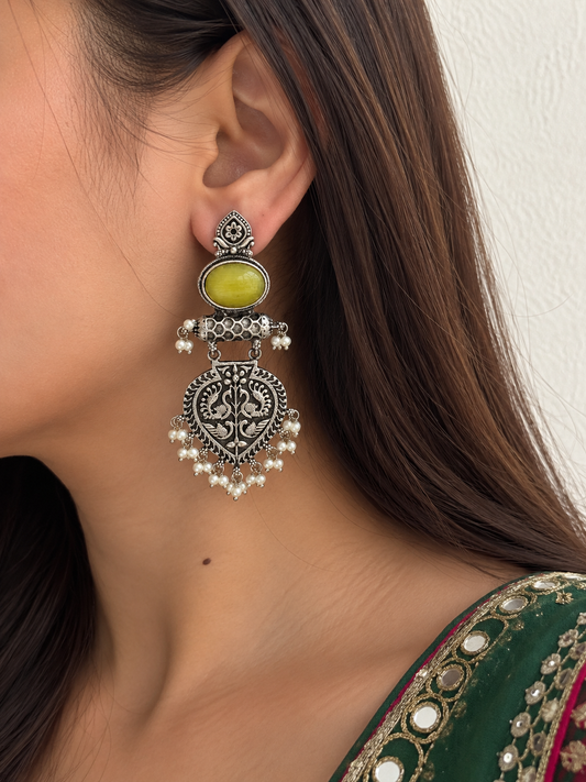 Ivara Jhumka | Silver Ethnic Earrings (Yellow)