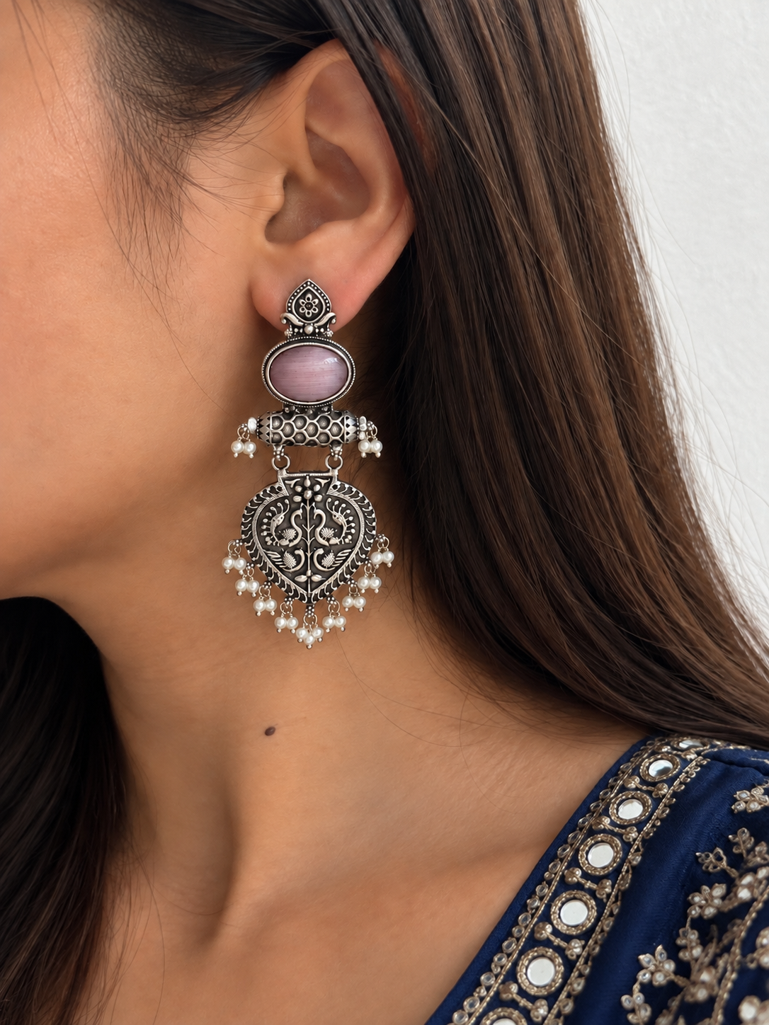 Ivara Jhumka | Silver Ethni Earrings (Pink)