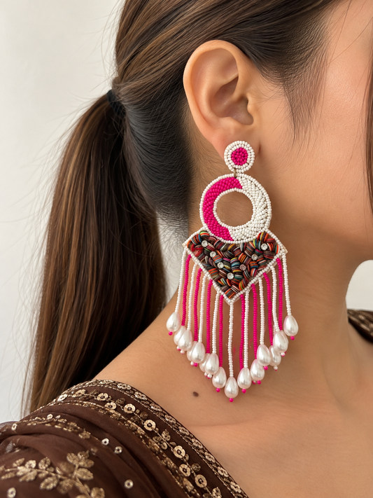 Hot Pink Pearl Fringe Earrings