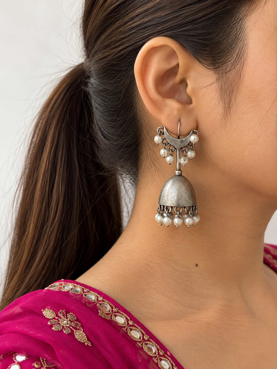 Zahra Jhumka | Boho Style | Silver Look Alike Earrings
