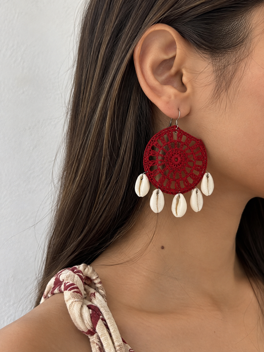 Handmade Red Crochet Cowrie Shell Hoop Earrings