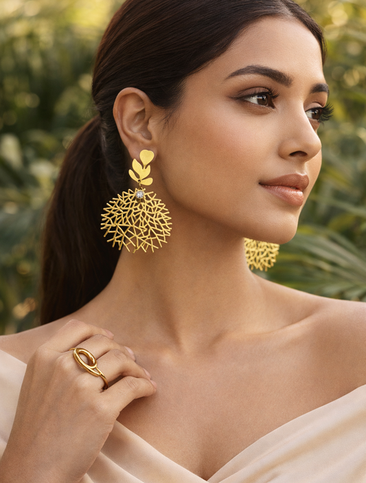 Golden Leaf Filigree Statement Earrings for Women