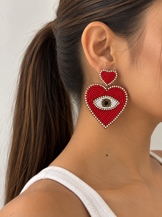 Handmade Red Heart Evil Eye Beaded Earring