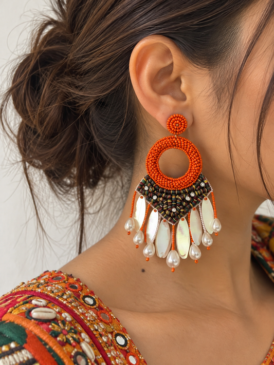 Handmade Orange Boho Tassel Beaded Statement Earrings