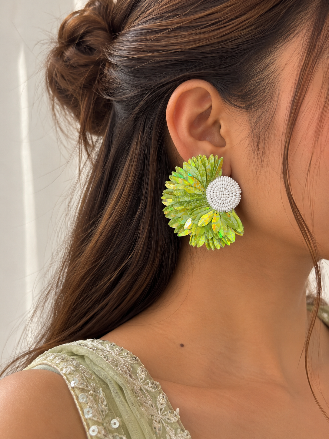Green Glow Petal Flower Handmade Earrings