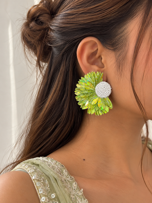 Green Glow Petal Flower Handmade Earrings