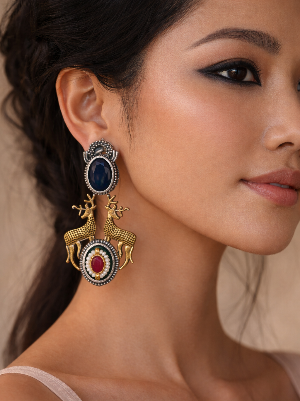 Mrignayani Silver Look Alike (Navy Blue) | Deer Motifs | Pachi Kundan