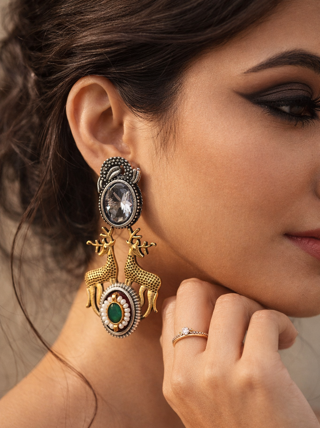 Mrignayani Silver Look Alike (White) | Deer Motifs | Pachi Kundan