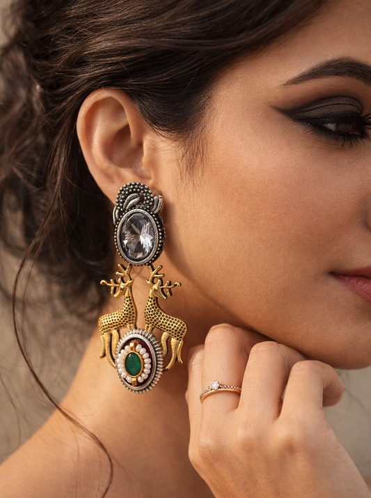 Mrignayani Silver Look Alike (White) | Deer Motifs | Pachi Kundan