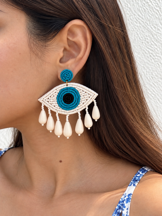 Blue and White Evil Eye Statement Fringe Earrings