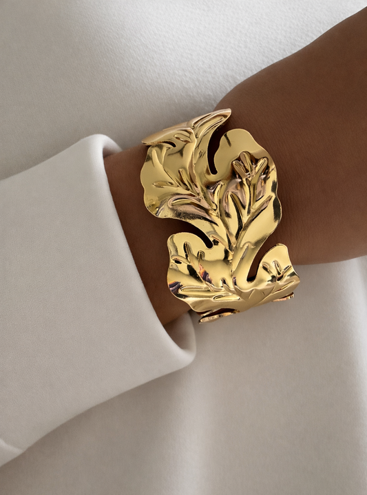 Adjustable Gold Toned Leaf Cuff Statement Bracelet for Women