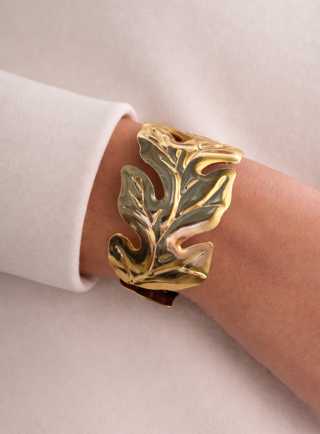 Adjustable Gold Toned Leaf Cuff Statement Bracelet for Women