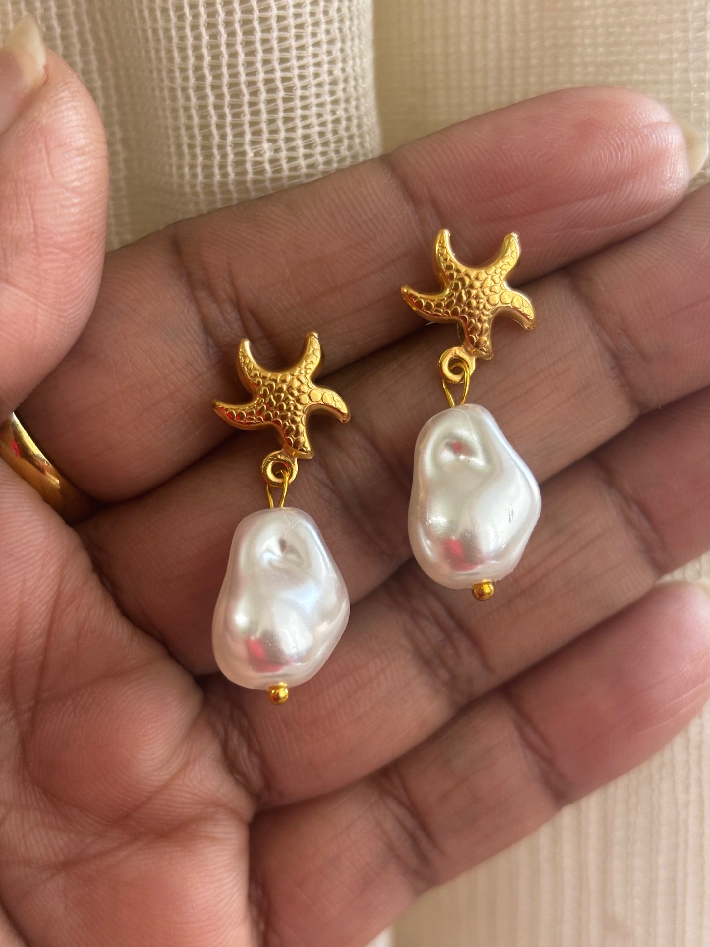 Starfish Pearl Drop Earrings Anti-Tarnish Gold Plated Mother of Pearl Earrings