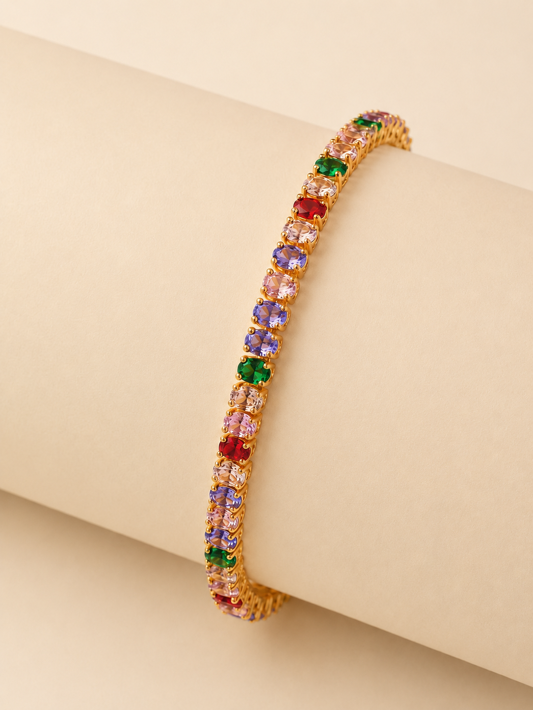 Multicoloured Oval Cut CZ Gold Tennis Bracelet