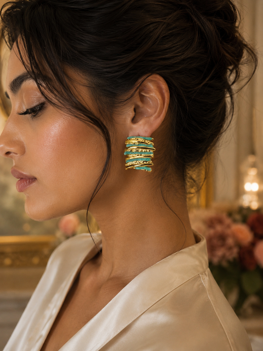 Sea Green Hammered Enamel Stud Earrings | Anti Tarnish Gold Plated