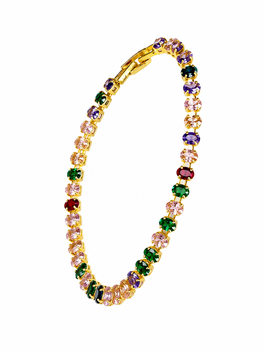 Multicolored gemstone necklace with gold chain on a white background