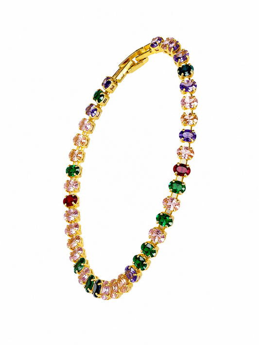 Multicolored gemstone necklace with gold chain on a white background