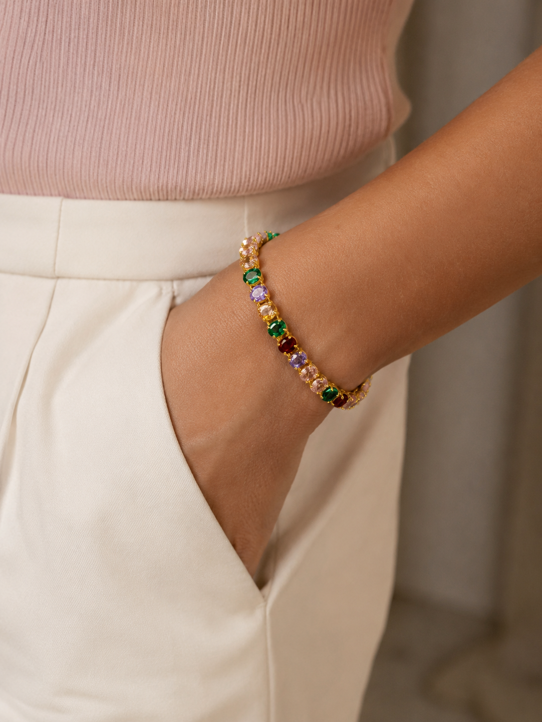 Multicoloured Oval Cut CZ Gold Tennis Bracelet