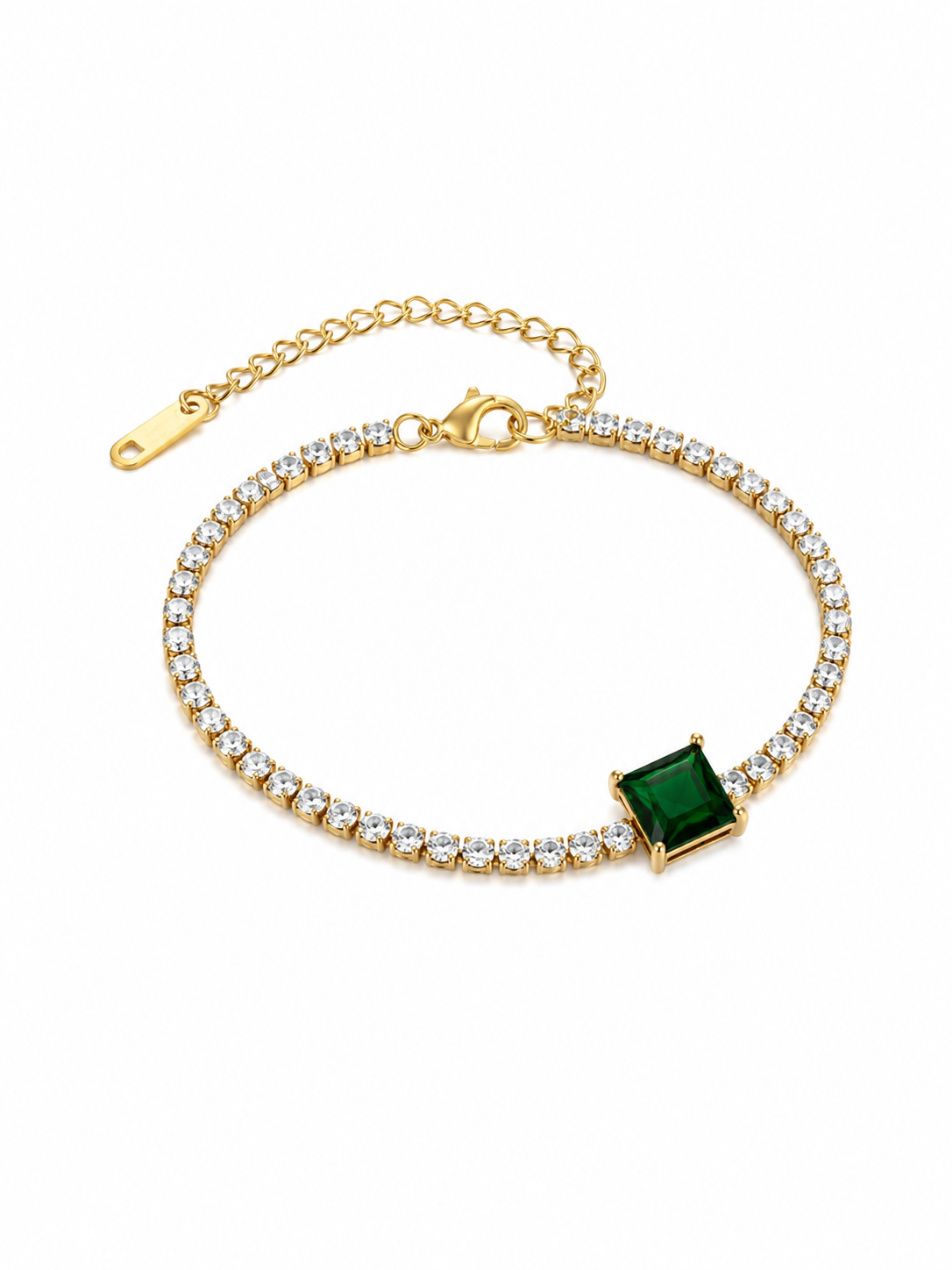 Gold bracelet with a green gemstone on a white background