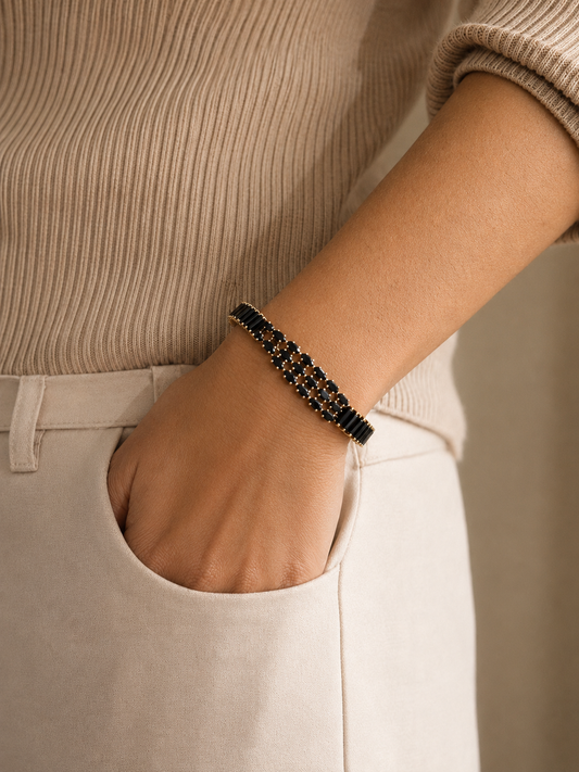Black Stone Cluster Tennis  Bracelet | Anti Tarnish