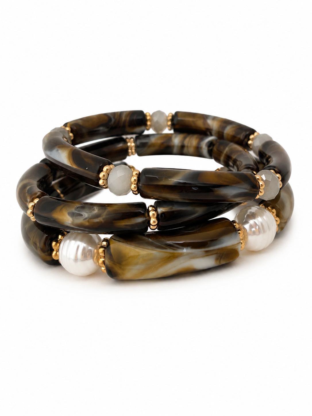 3 Piece Mocha Pearl Acrylic Bracelet Stack | All size