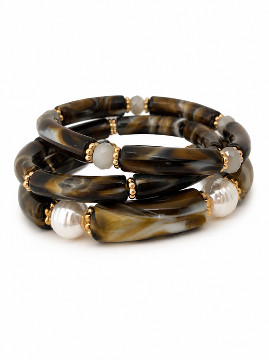 3 Piece Mocha Pearl Acrylic Bracelet Stack | All size