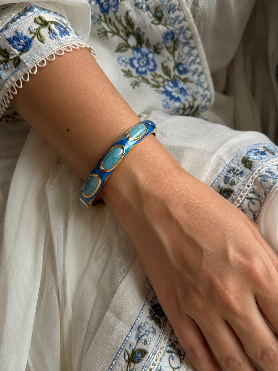 Blue Enamel Gold-Tone Statement Bangle Bracelet for women