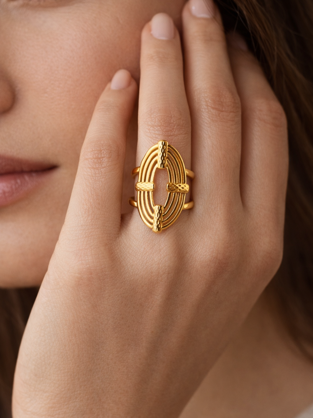 Solar Kiss - Anti-Tarnish Gold Plated Oval Statement Ring