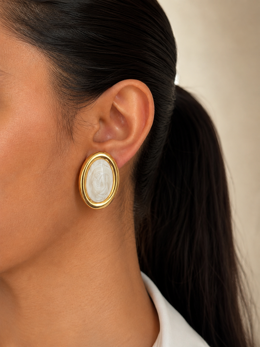Ivory Marbled Gold Plated Oval Stud Earrings
