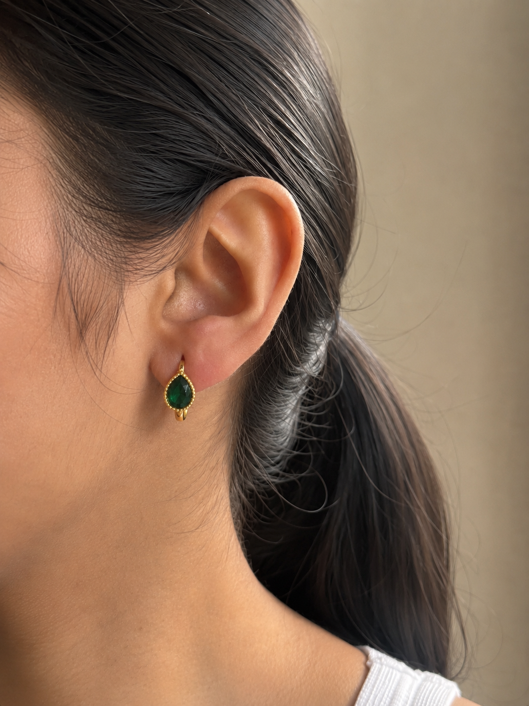 Green Stone Clicker Huggie Hoops Earrings | Stainless Steel Gold Plated
