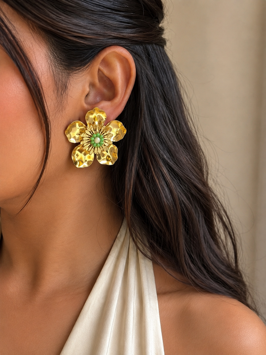 Chunky Statement Floral Earrings for Women | Anti-Tarnish Gold Plated Flower Earrings