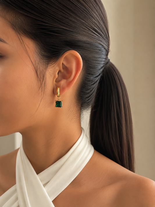 Emerald Stone Huggie Drops Earrings | Anti Tarnish Gold Plated