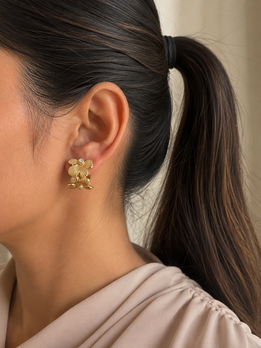 Golden Floral Huggie Hoops | Anti Tarnish Gold Plated