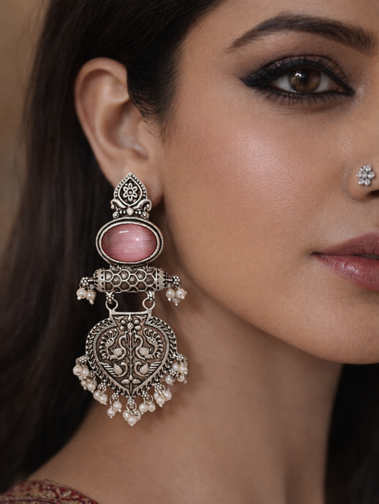 Ivara Jhumka | Silver Ethni Earrings (Pink)