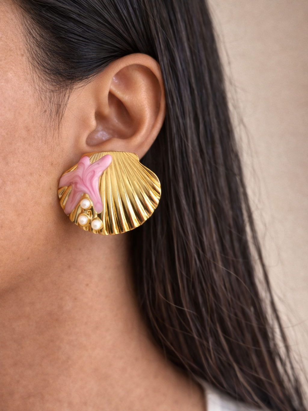 Ocean Shell Enamel Pearl Stud Earrings | Non-Tarnish Gold Plated