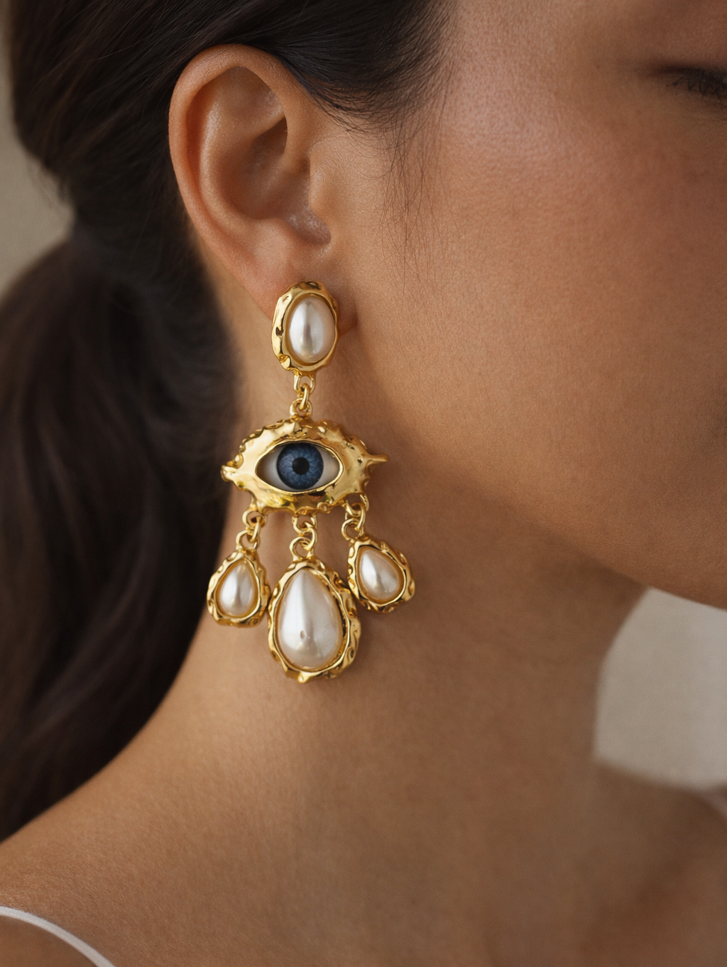 Pearl Evil Eye Statement Dangle Earrings | Anti Tarnish Gold Plated