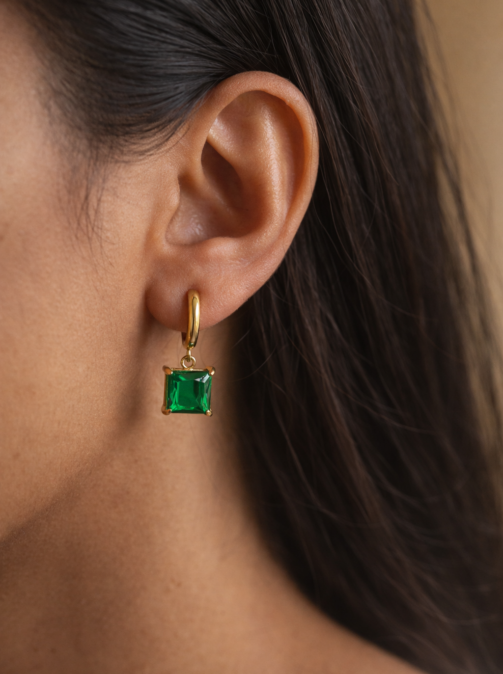 Emerald Stone Huggie Drops Earrings | Anti Tarnish Gold Plated