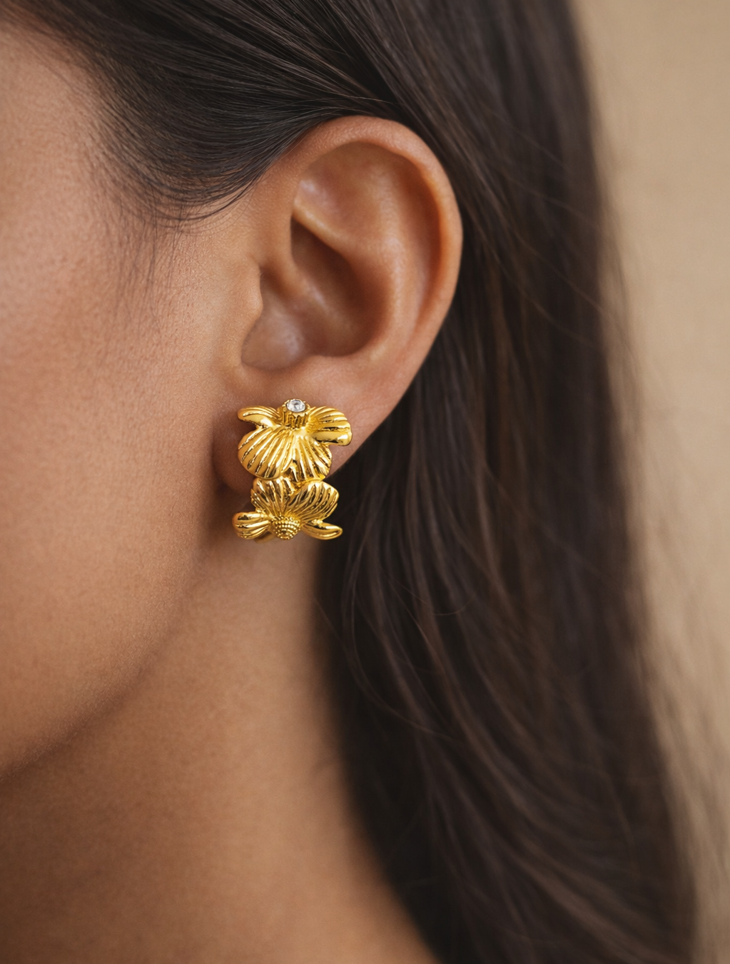 Golden Floral Huggie Hoops | Anti Tarnish Gold Plated