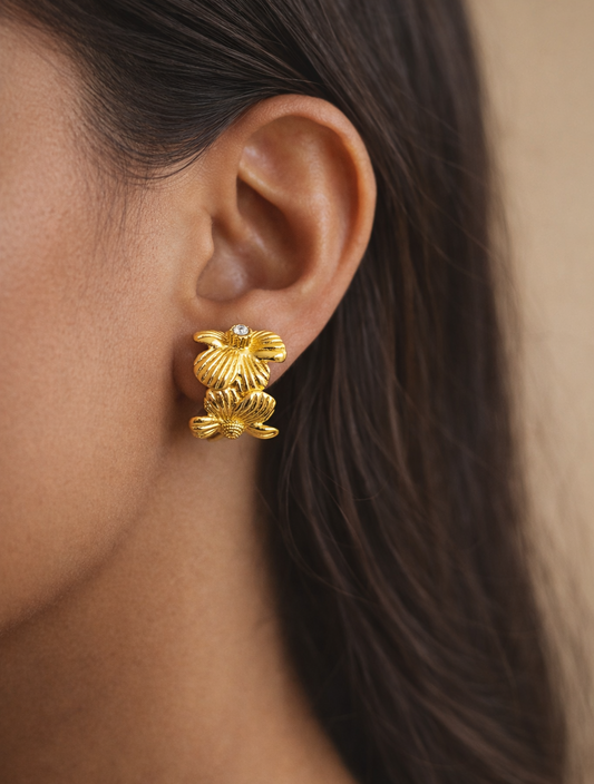 Golden Floral Huggie Hoops | Anti Tarnish Gold Plated