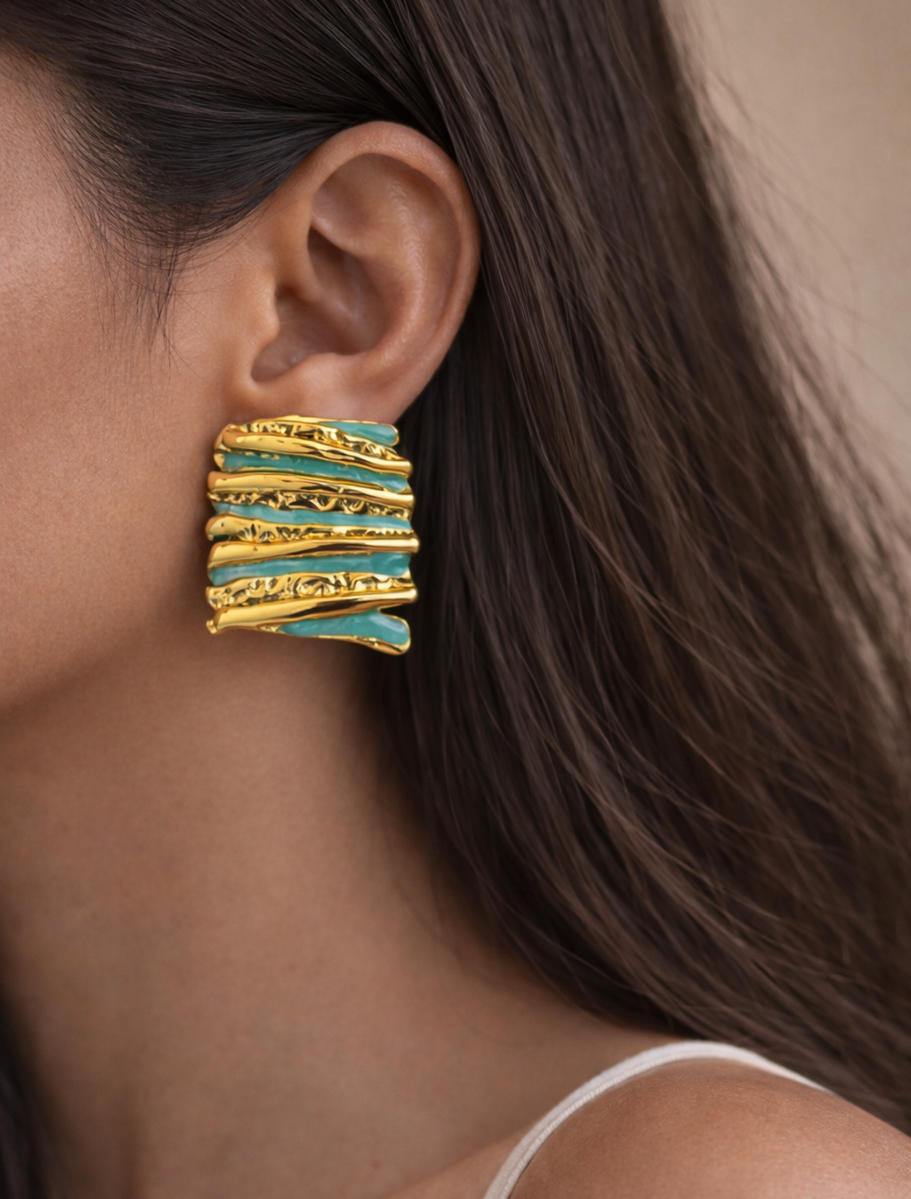 Sea Green Hammered Enamel Stud Earrings | Anti Tarnish Gold Plated