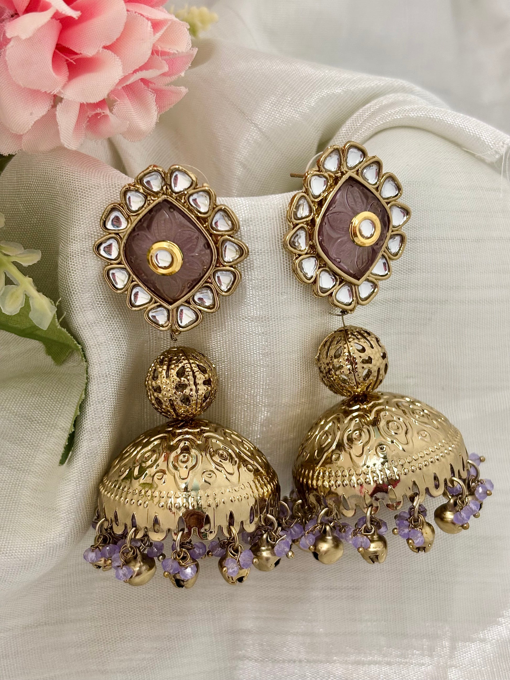 Best collection of Wedding Kundan Golden Jhumka (Lavender)