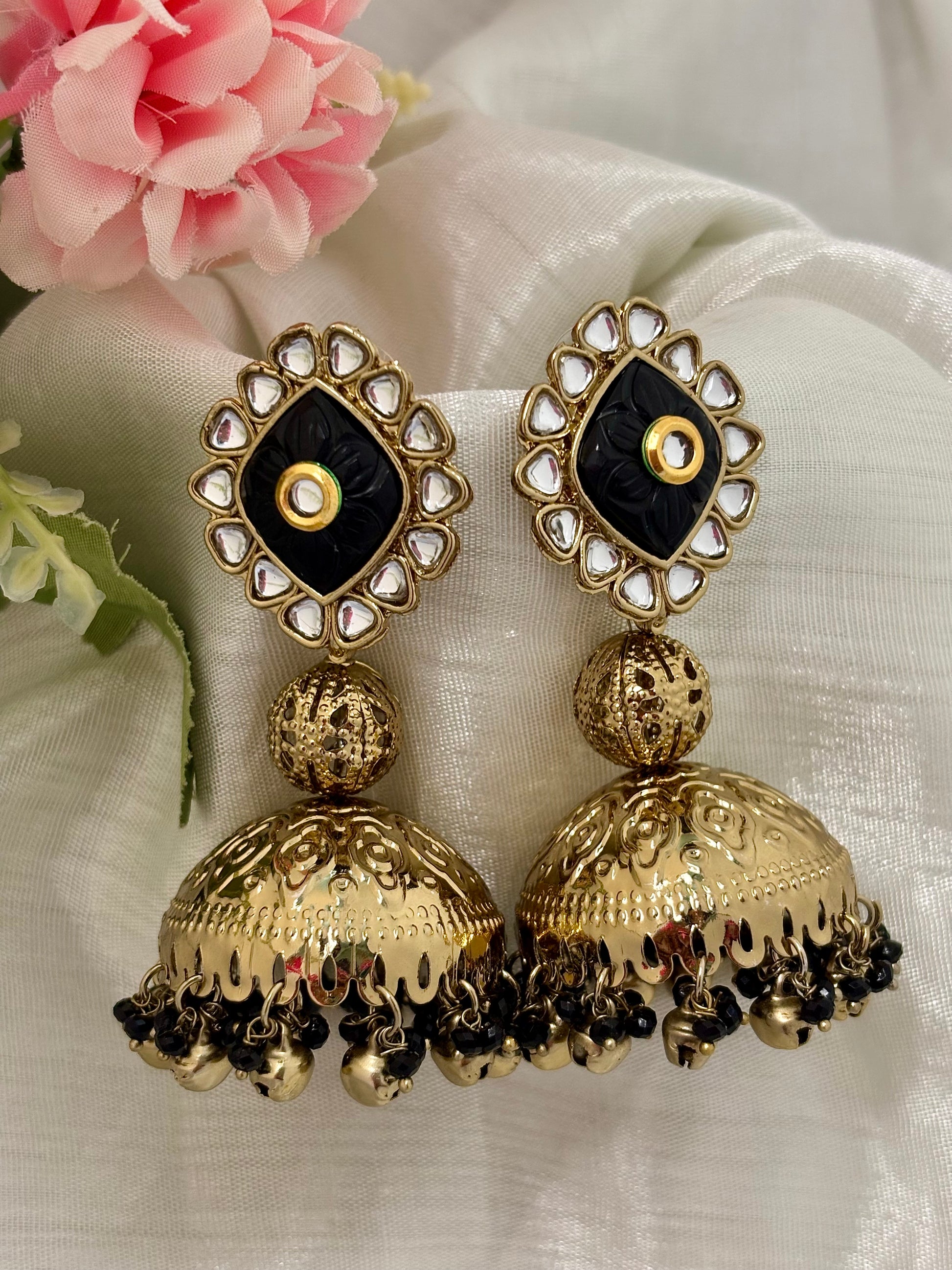 Ira Kundan Golden Wedding Jhumka (Black)